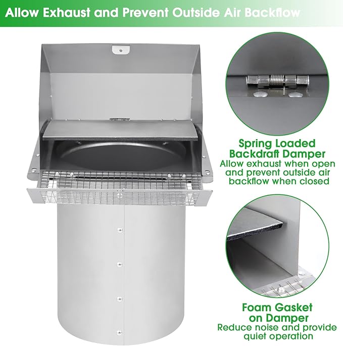 10 Inch Hooded Wall Vent with Screen and Damper, Exterior Wall Exhaust Vent Cover Cap for Kitchen Range Hood Dryer Ventilation and Outdoor Air Exhaust, Stainless Steel