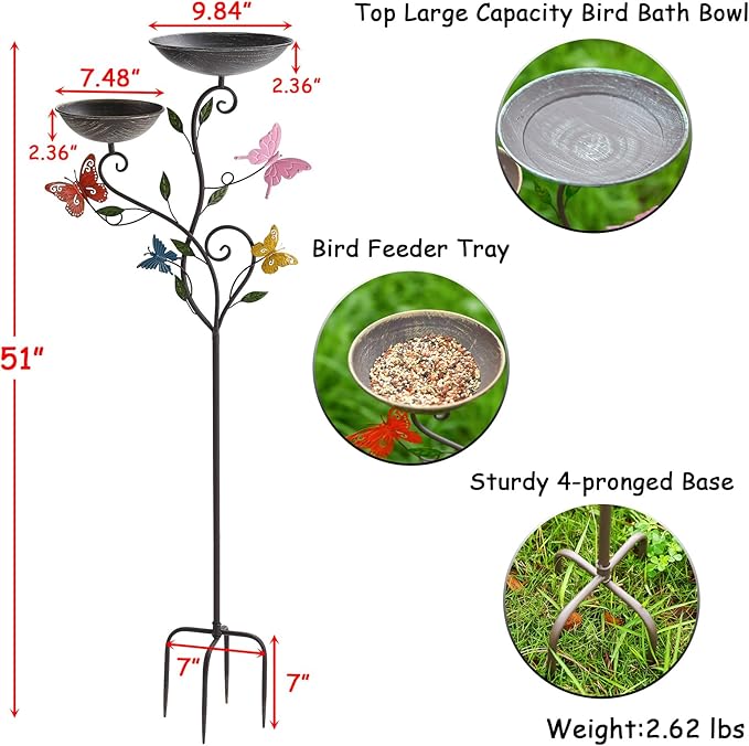51" H Bird Baths for Outdoors,Vintage Metal Birdbaths for Outside, Free Standing Bird Bath Bowl for Garden, Tall Bird Bath and Feeder Tray with 4 Prong Base for Yard Porch Patio Decoration