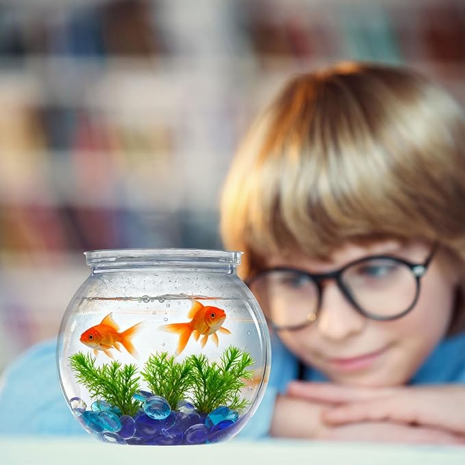 12 Pcs Mini Plastic Fish Bowl 27 oz with 900 Pcs Mixed Flat Glass Marbles Plastic Aquarium Starter Kits Fish Tank Decor for Home Tabletop Office Desk Pet Tanks Decoration
