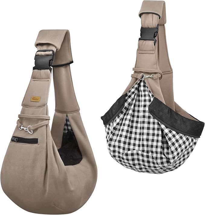 CUBY Dog and Cat Sling Carrier - Hands Free Reversible Pet Papoose Bag - Soft Pouch and Tote Design - Suitable for Puppy, Small Dogs Cats Outdoor (Khaki Senior, Adjust Strap 2.0)…