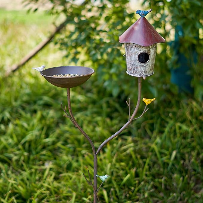 Bird Baths and BirdHouses with Pole, Distressed Metal Bird Bath Bowl and Birdhouse Stake for Outdoor Garden Yard Decoration (Bird Baths/BirdHouses-A)