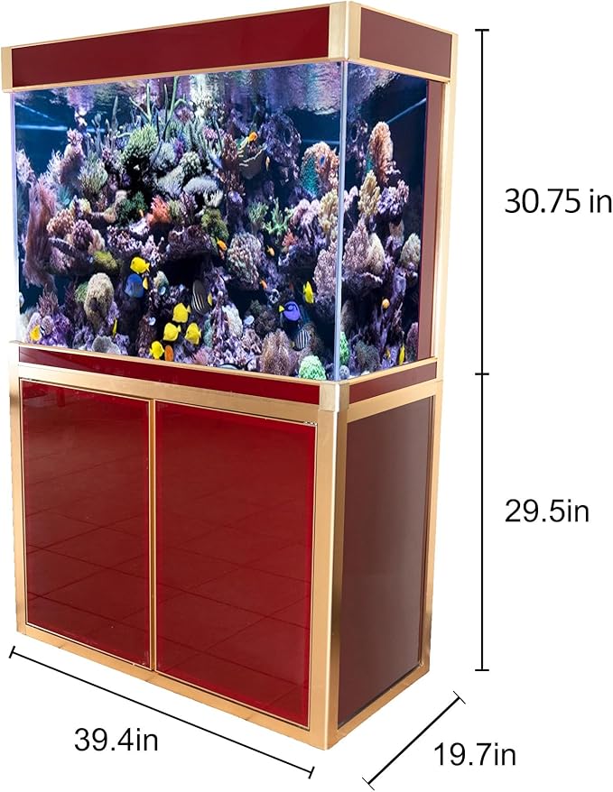 100 Gallon Glass Aquarium with Aluminum Cabinet - Including Sump for Filtration and Circulation, Plumbing, LED, Red with Gold Trim