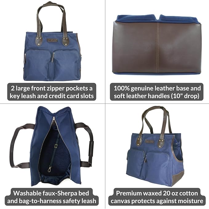 DJANGO Waxed Canvas & Leather Dog Carrier Tote Bag – Premium Soft-Sided Travel Dog Purse with Safety Leash, WR Lining, & Large Zipper Pockets – Everyday Pet Carrier for Small Dogs (Navy Blue, Medium)