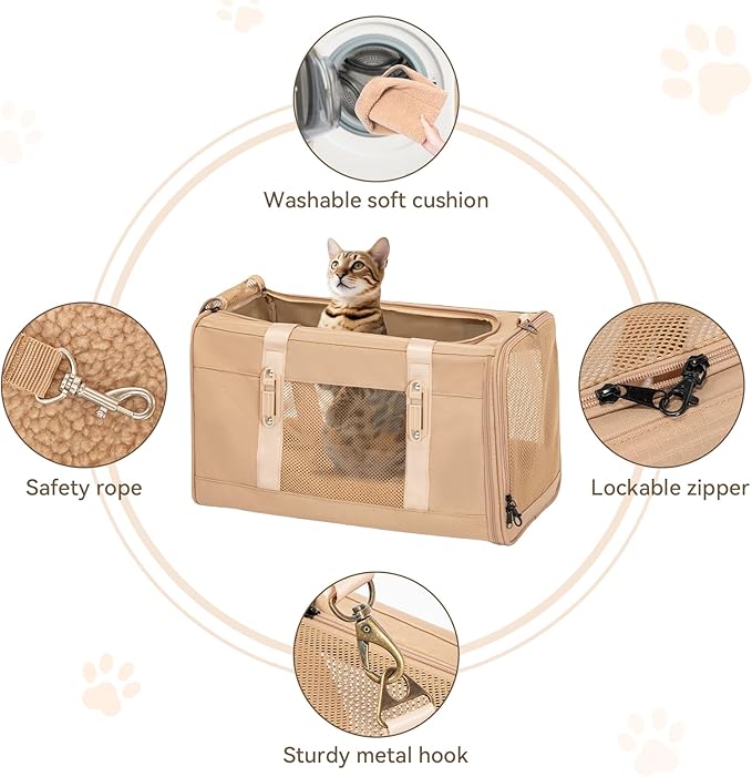Petsfit 19x12x12 Pet Carrier for Large Cats (up to 20 lbs), Soft-Sided Small Dog Travel Carrier, Upgraded with Patented Buckle and Soft Padding, Ideal for Car Road Trips,Khaki