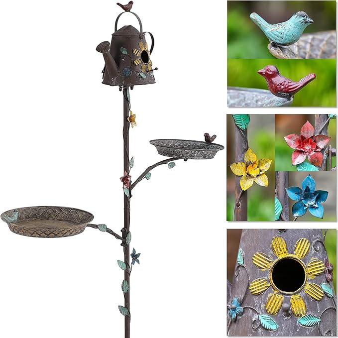 Bird Baths and Houses for Outside with Pole, 3-in-1 Bird Bath, House & Feeder with Metal Stake, 67.9" Tall Free Standing Birds Feeders Birdhouses for Outdoors with 4-Prong Stake