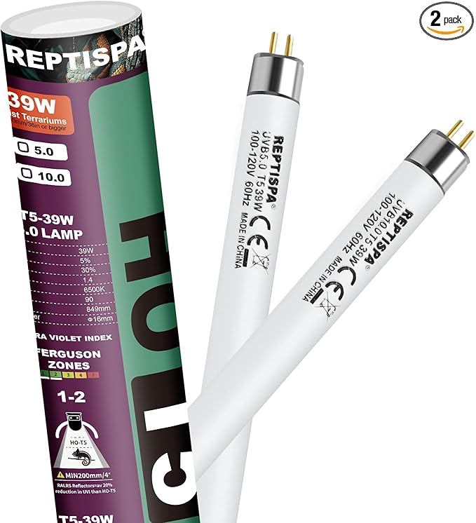 10.0 UVB Light for Reptiles, T5 HO 39 Watt Reptile Lamp Tube, Pack of 2 Fluorescent UVB Bulb, Basking Light for Bearded Dragon, Simulate Natural Sunlight for Reptiles and Amphibians
