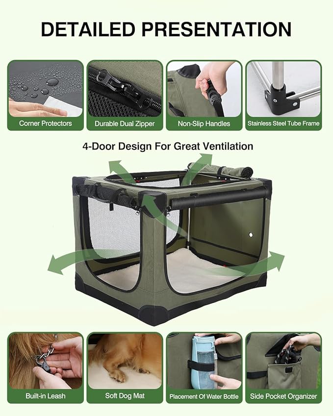 42 Inch Collapsible Travel Dog Crate for Medium Large Dogs, Portable Dog Crate 4-Door Foldable Soft Kennel with Durable Mesh Windows for Indoor & Outdoor Travel, with Storage Bag,Green