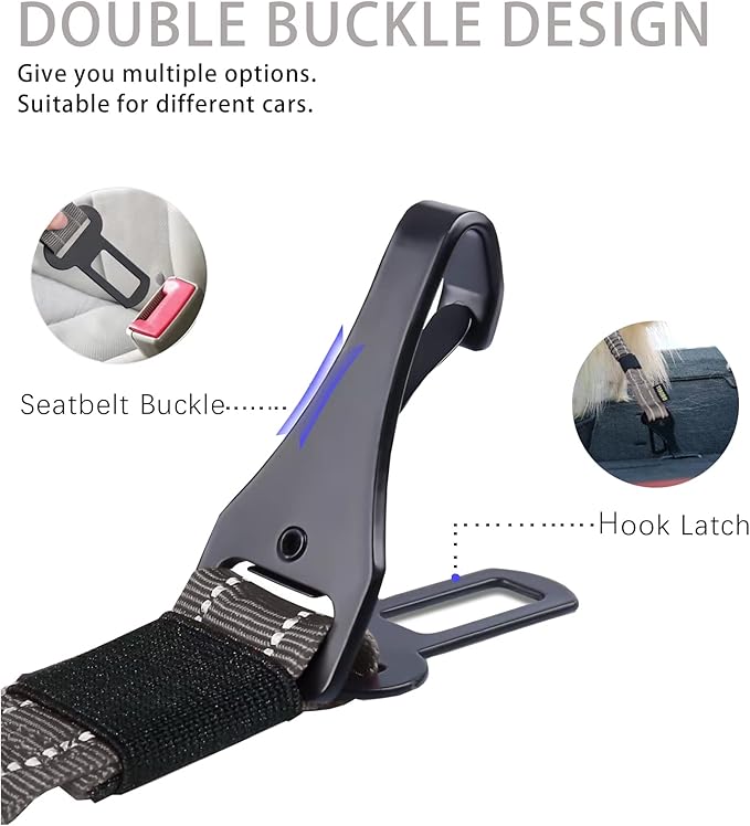 AUBELL Dog Seat Belt for Car,Updated 3-in-1 Adjustable Reflective Bungee Heavy Duty Dog Car Harness Tether with Clip Hook Latch & Buckle,Swivel Zinc Alloy Carabiner,Grey