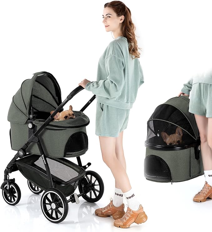 Kenyone Pet Stroller 3 in 1 Dog Cart for Medium Small Size Dogs, Large Cat Stroller with Detachable Carrier for Puppies, Doggies, Kitties, Bunnies (Olive)