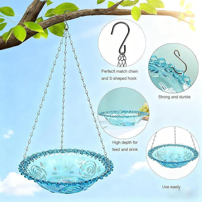 2 Pack Super Value Hanging Plastic Bird Baths and Feeders for Outdoors Bird Water Bowls and Seed Trays Set Attract Wild Birds Garden Yard Decor Gift (Blue)