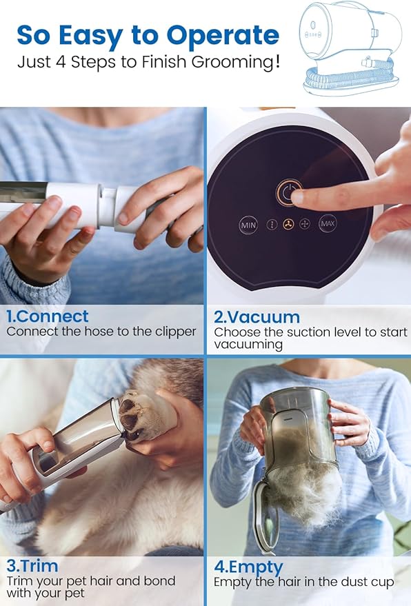 AIRROBO Dog Grooming Vacuum Kit with Pet Clippers, 12000Pa Dogs Vacuum for Shedding Grooming, 5 Grooming Tools Home Cleaning in 1, 2L Dust Cup Low Noise Pet Grooming Vacuum for Dogs, PG100