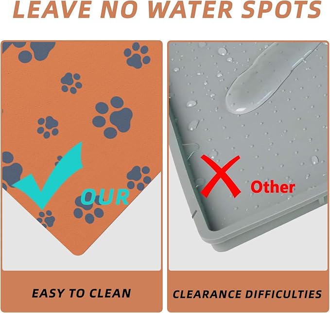12"×20" Dog Food Mat-Absorbent Dog Mat for Food and Water, No Stains Quick Dry Cat Bowl Mat Non Skid Feeding Mat with Footprints for Messy Drinkers Orange