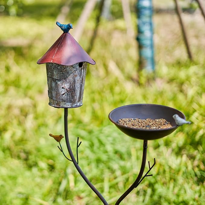 Bird Baths and BirdHouses with Pole, Distressed Metal Bird Bath Bowl and Birdhouse Stake for Outdoor Garden Yard Decoration (Bird Baths/BirdHouses-A)