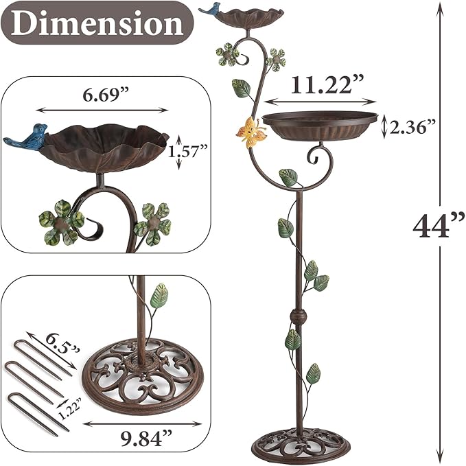 Metal Bird Baths for Outdoors, 44" Height Cast Iron Pedestal Bird Bath and Feeder, Vintage Sturdy Heavy Duty Birdbath Bowl, Tall Floral Accents Birdbaths for Garden Yard Patio Porch Decor
