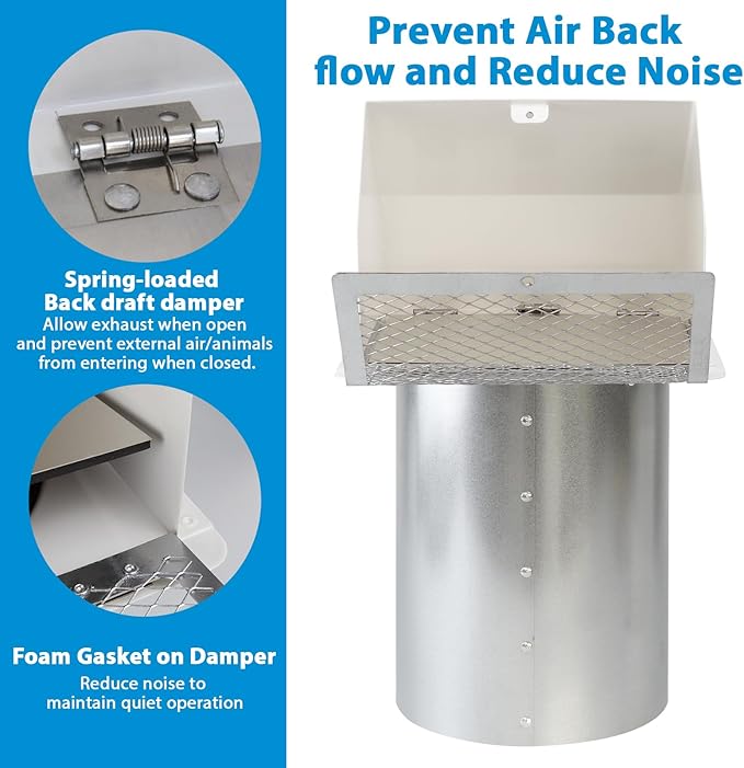 10" Hooded Wall Vent with Screen and Damper,Outdoor Wall Mount Exhaust Vent Cover Cap Dry Vent Hood Air Ventilation for Kitchen Range Hood HVAC Duct House and Industrial Facilities, White