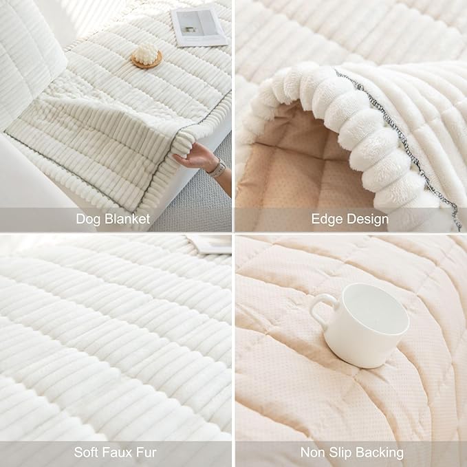 Faux Fur Plush Dog Couch Cover 3D Stripe Fuzzy Sofa Cover Non-Slip Fluffy Dog Bed Cover Pet Blanket Sofa Couch Furniture Protector for Puppy Large Dog Cat (Cream,28"x47")