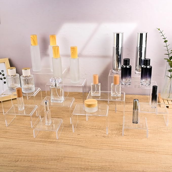 12 Pcs Small Size Acrylic Display Risers, 2 Sets Acrylic Risers Display Stands, 0.15" Thick Clear Shelf Riser, Risers Display Stands for Perfume, Dessert, Candy, Figure, Toys, Jewelry Showcase