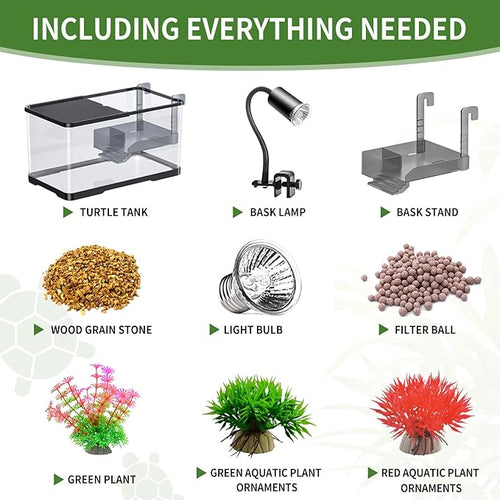 (Tank + Light + Filter Balls) Turtle Tank Kit, Turtle Tank Starter Kit,Bottom Drainage, Multi-Function Areas for Turtles, Crabs,Fishes, Amphibians,Reptiles. (21.65 x 12.28 x 12.28 Inch)