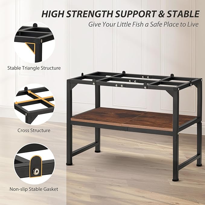 10-20 Gallon Fish Tank Stand, Metal Aquarium Stand with Adjustable Non-Slip Foot and Wooden Shelf, Reptile Tank Stand Easy to Assemble for Home Office, Firm and Steady(Tank not Included)