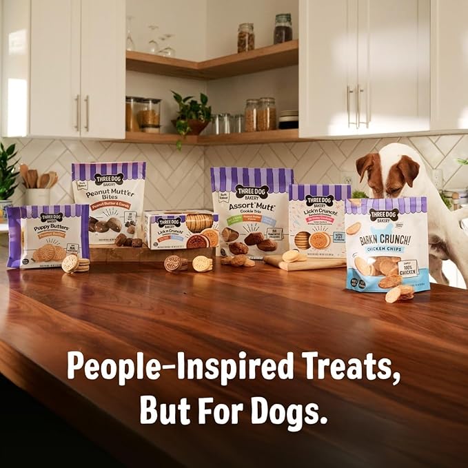 Three Dog Bakery Bark’N Crunch! Chicken Chips, Small 4oz, Cheese Flavor, Crunchy Dog Treats, Two Ingredients, High Protein Snacks, Chicken Treats, Low Calorie Healthy Training Treat, Made in USA