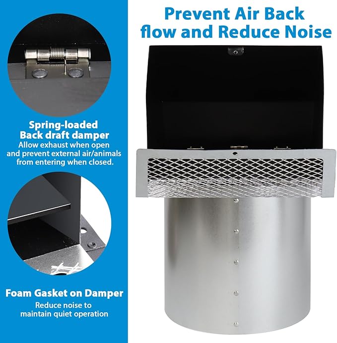 10" Hooded Wall Exhaust Vent Cover Outdoor Hooded Wall Vent with Screen and Damper,Outside Exhaust Dryer Vent Cover Exterior Wall Vent Cover for House Kitchen Range Hood Dryer,Black Hood Wall Vent Cap