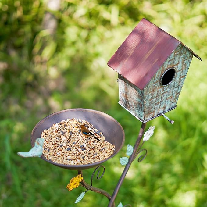 Bird Baths and BirdHouses with Pole, Distressed Metal Bird Bath Bowl and Birdhouse Stake for Outdoor Garden Yard Decoration (Bird Baths/BirdHouses-B)