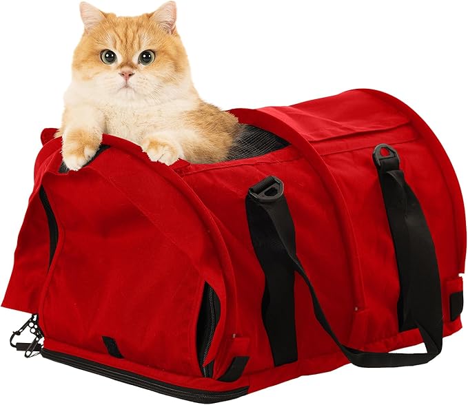 SturdiBag Pro 2.0 Pet Travel Carrier with Flexible Height for Cats and Dogs | Soft Sided Pet Carrier Bag with Safety Clips and Seatbelt Straps for Airplane or Car Travel | Large, Red