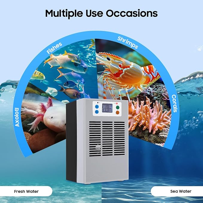 100W Aquarium Chiller Water Chiller for Home Fish Tank, 30L/7.93Gal Cooling Capacity 50-104°F Temp Control Chiller with LED Screen, 35-45dB Low Noise Aquarium Cooler for Axolotls, Coral Reef