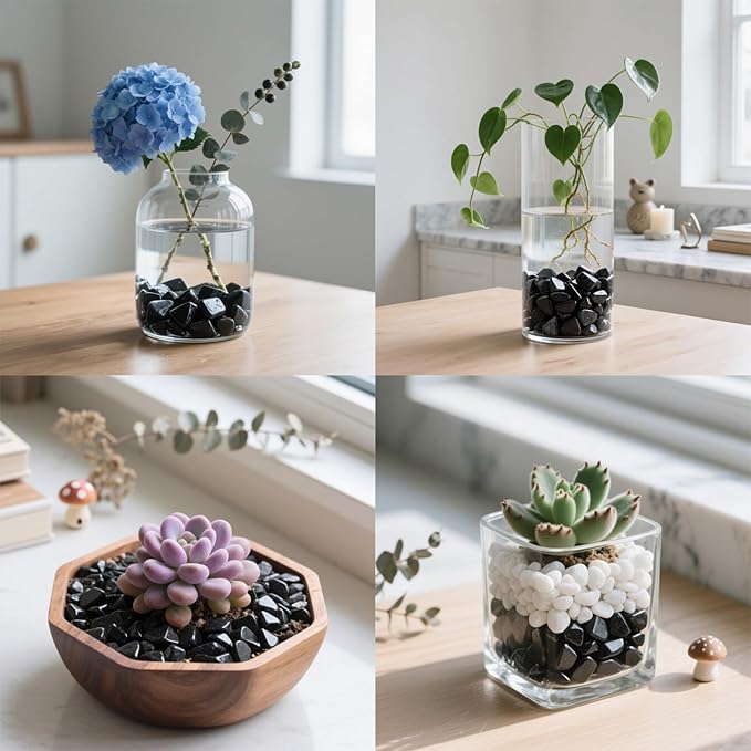 0.96LB Decorative Stones Fish Tank Gravel Succulent Rocks Natural Pebbles Vase Filler Aquarium Decor Crushed Quartz Polished Irregular Shaped Bulk - Black Obsidian