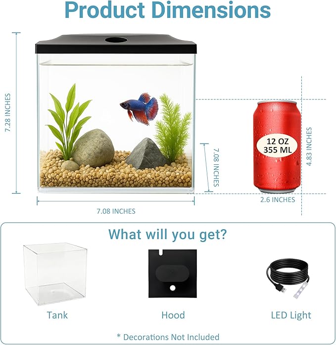 0.8-Gallon Cube Fish Bowl, Shatterproof Plastic Fish Bowl with LED Lighting, Temporary Fish Tank for Isolation, Decoration & Education