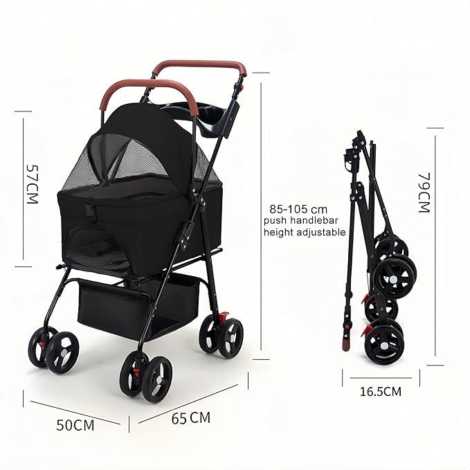 Pet Stroller Pram Dog Carrier Trailer 4 Wheels Foldable Dog with Storage Basket,Holds up to 44 lbs,Adjustable Handle,Folding Travel Stroller Suitable for Traveling with Cats and Dogs (Black)