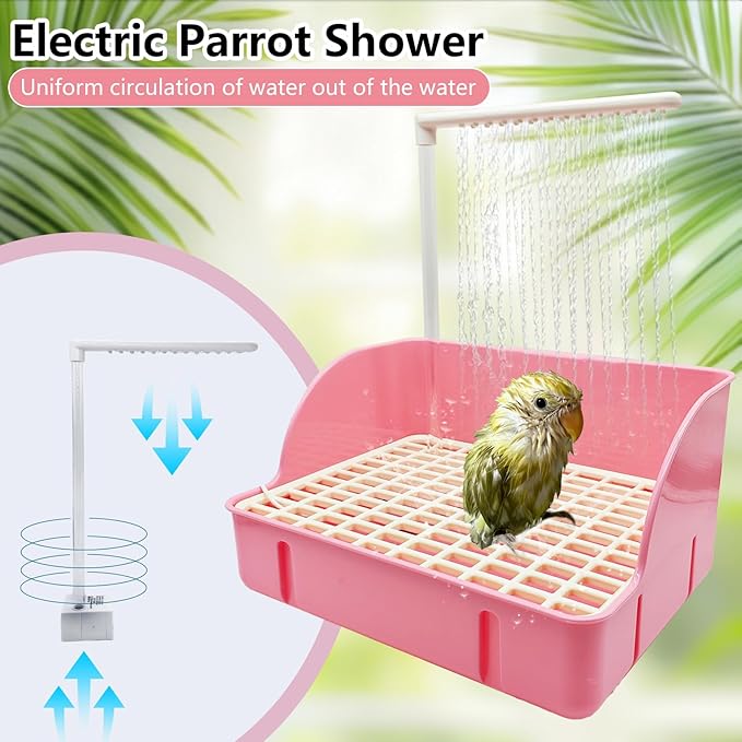 kathson Parrot Bathtub, Automatic Bird Bath Indoor,Parakeet Shower Fountain,Parrot Bath Tub for Pet Birds, Cockatiel, Conure, Budgie, Lovebird, African Grey, Finches (Pink)
