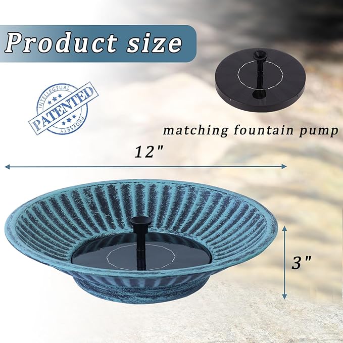 12.3" Solar Fountain Bird Bath for Outside, Metal Solar Bird Bath Fountains, Bird Bath Bubbler for Garden Patio Decor-Blue