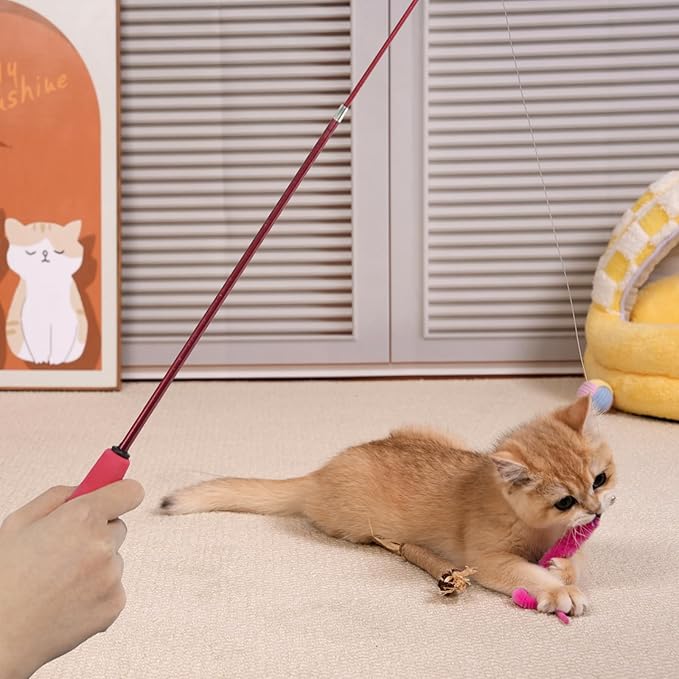 11-Pack Cat Wand Toys with Silvervine Sticks & Feather Refills – Interactive Adjustable Fishing Pole Toy for Indoor Cats, Bell & Elastic String – Durable Kitten Toys