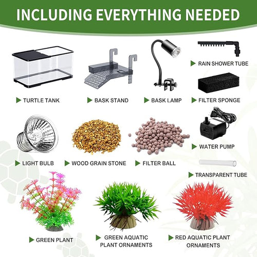 (Tank + Light +Pump + Filter + Filter Balls) Turtle Tank Kit, Turtle Tank Starter Kit,Bottom Drainage, Multi-Function Areas for Turtles, Crabs,Fishes, Amphibians,Reptiles. (15.75 x 8.64 x8.64 Inch)