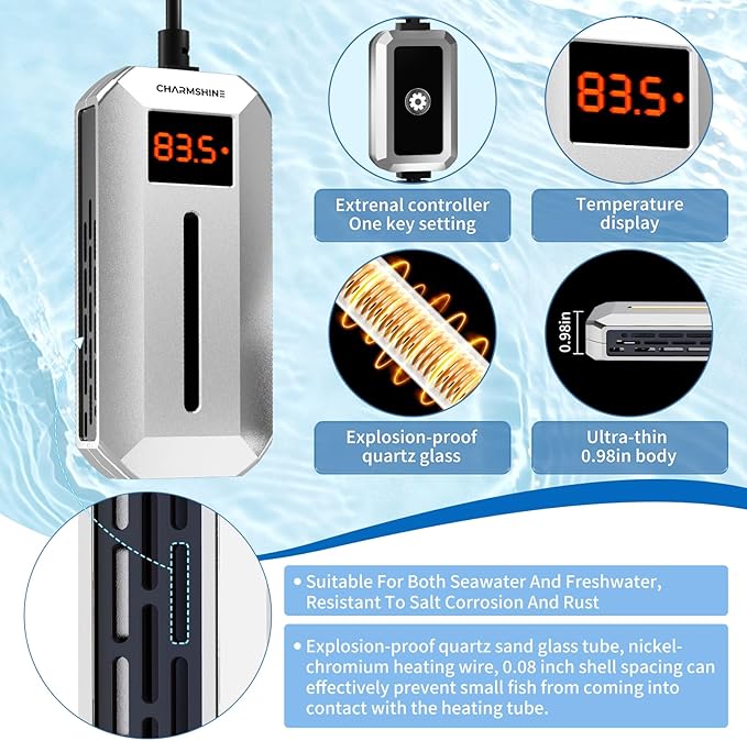 100W Aquarium Heater Fish Tank Submersible Water Heater with LED Digital Display Fish Tank Water Heater for 10-20 Gallons Freshwater & Saltwater Turtle Tanks Heater