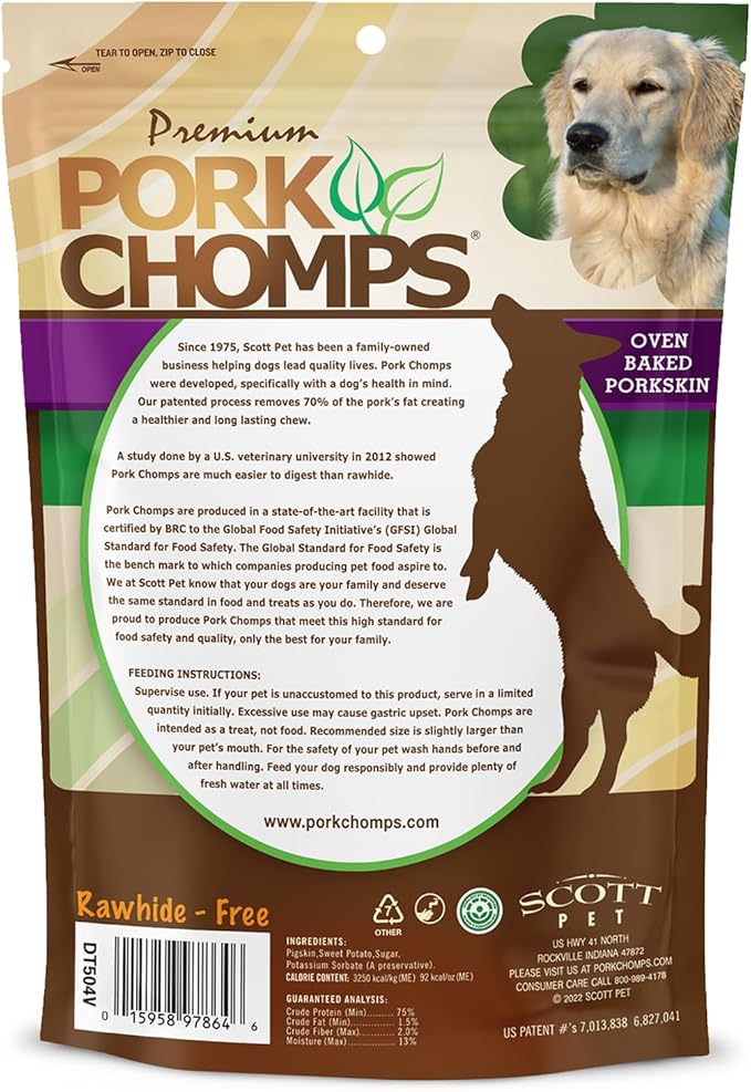 Pork Chomps Baked Pork Skin Dog Chews, 6-inch Twists, Real Sweet Potato Wrap, 4 Count