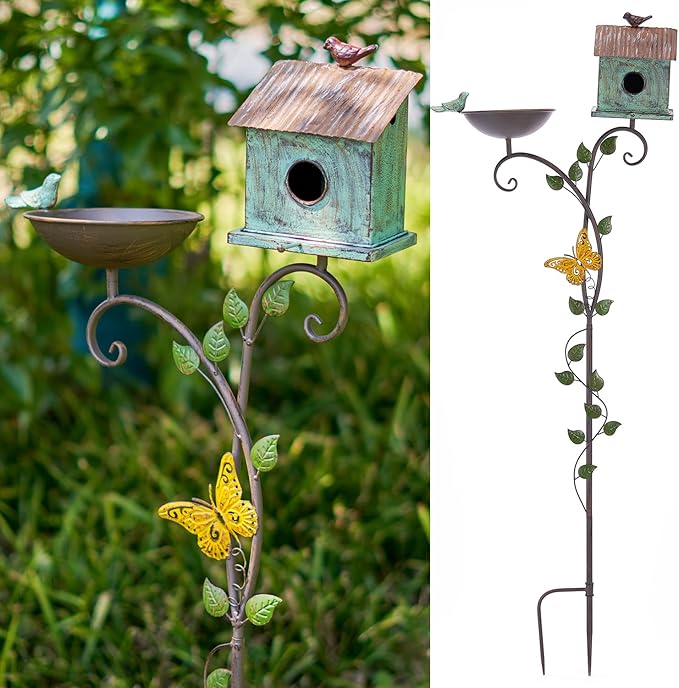 Bird Baths and BirdHouses with Pole, Distressed Metal Bird Bath Bowl and Birdhouse Stake for Outdoor Garden Yard Decoration (Bird Baths/BirdHouses-C)