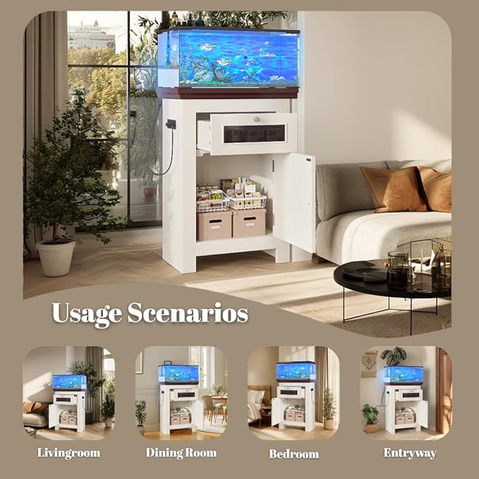 10-15 Gallon Fish Tank Stand with Power Outlets, Aquarium Table with Storage Cabinet & Drawer, 198LBS Capacity Terrarium Stand with USB Ports (Beige + Brown)