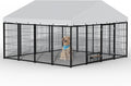 10x10ft Large Dog Kennel Outdoor with Roof, Covered Heavy Duty Dog Pen with Feeding Door, Steel Enclosure Fence with Dual Safety Locks, XL Outside Dog Cage for Large Dogs