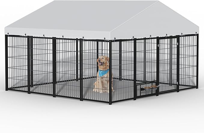 10x10ft Large Dog Kennel Outdoor with Roof, Covered Heavy Duty Dog Pen with Feeding Door, Steel Enclosure Fence with Dual Safety Locks, XL Outside Dog Cage for Large Dogs