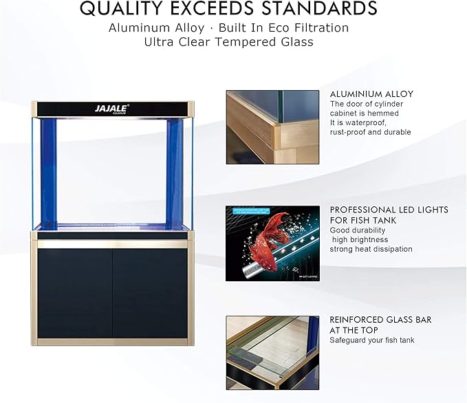 100 Gallon Glass Aquarium with Aluminum Cabinet - Including Sump for Filtration and Circulation, Plumbing, LED, Black with Gold Trim