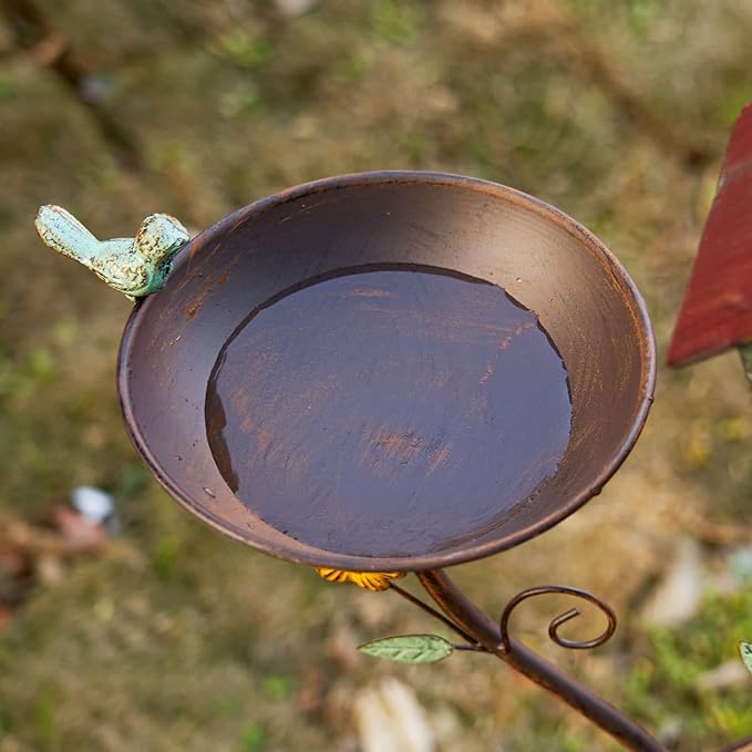 Bird Baths and BirdHouses with Pole, Distressed Metal Bird Bath Bowl and Birdhouse Stake for Outdoor Garden Yard Decoration (Bird Baths/BirdHouses-B)