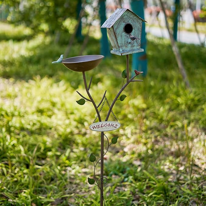 Bird Baths and BirdHouses with Pole, Distressed Metal Bird Bath Bowl and Birdhouse Stake for Outdoor Garden Yard Decoration (Bird Baths/BirdHouses-D)