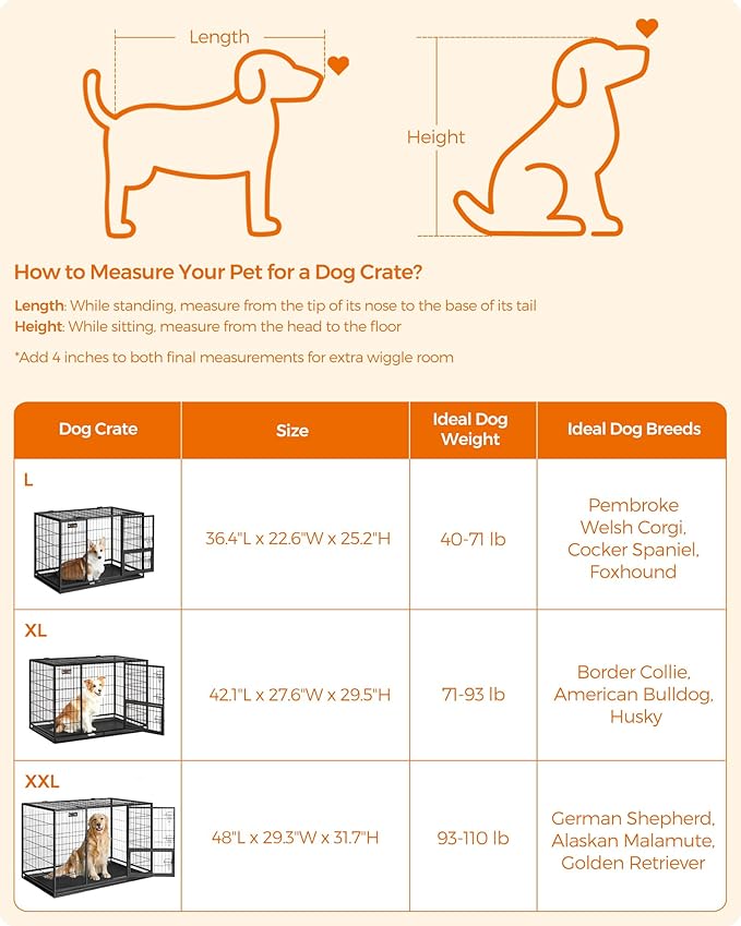 Feandrea 48 Inch Heavy Duty Dog Crate, Metal Escape Proof Dog Kennel with Double Doors and Convenient Feeding Door, Removable Tray, Easy to Clean, XXL Dog Crate for Large and Medium Dogs, Black