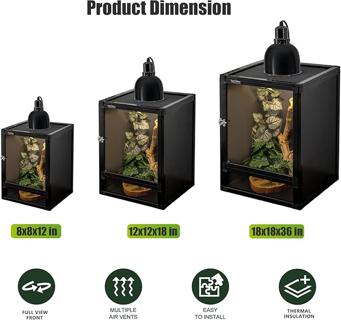12"x12"x18" Reptile Terrarium, Hybrid Cage PVC Habitat Enclosure with Screen & Acrylic Doors, Ventilated Tank for Gecko,Chameleon, Snake, Frog, Easy Assembly, Front Dual Access