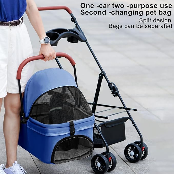 Pet Stroller-Folding 4 Wheels Cat/Dog Stroller for Medium Small Pets with Storage Basket and Cup Holder Suitable for Going Out and Traveling (Blue)