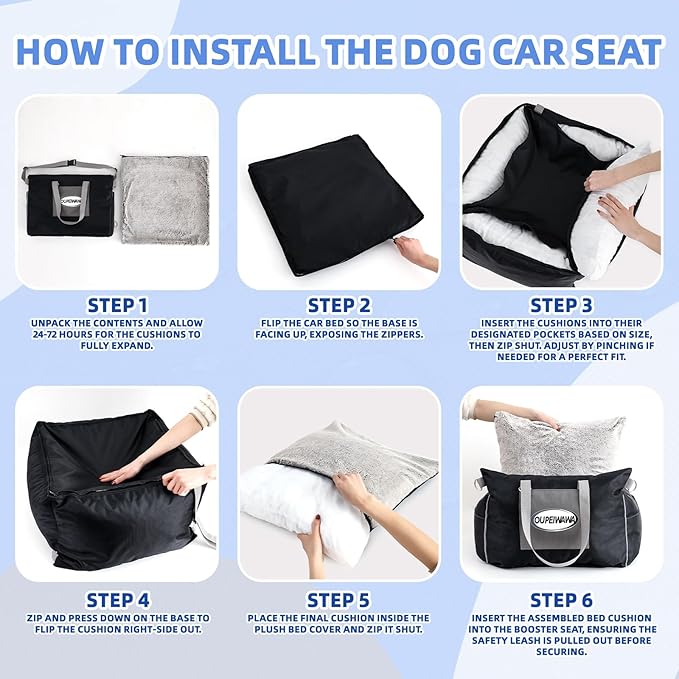 Dog Car Seats for Small & Medium Dogs, Waterproof Dog Booster Seat with Storage Pockets Soft Travel Bed with Clip-On Safety Dogs Leash and Secure Straps Puppy Travel Carrier Bed，Black