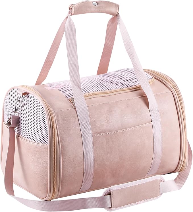 Fashion Leather Dog Carrier Cat Carrier Airline Approved Pet Carrier for Small Medium Dogs Cats Under 15Lbs, Collapsible Soft Sided Travel Puppy Carrier Pink