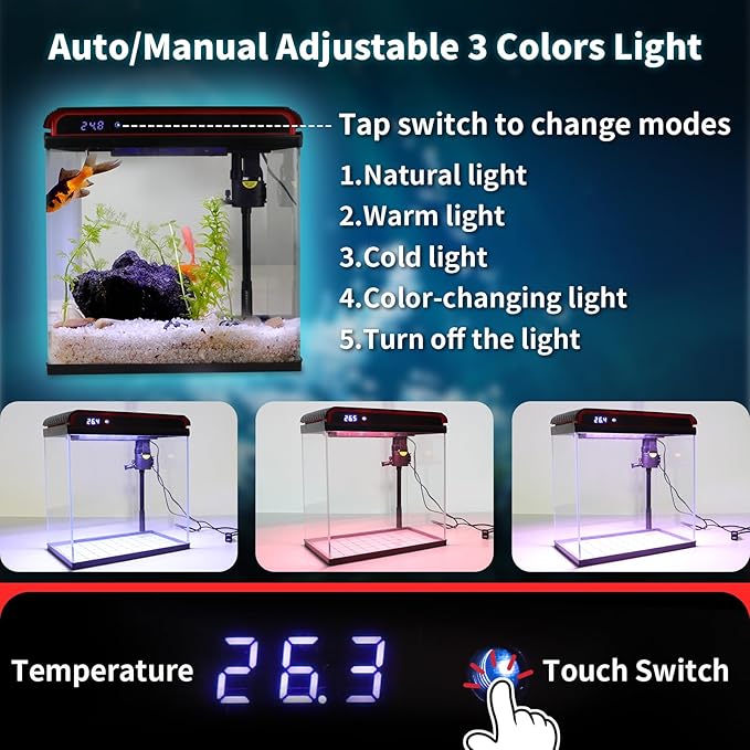 10 Gallon Fish Tank Smart Aquarium Kit, Glass Small Aquarium Starter Kits Self Cleaning with 3 Types of LED Lights and Filter Water Pump, Water Temperature Detection Ultra Quiet Gift for Kid